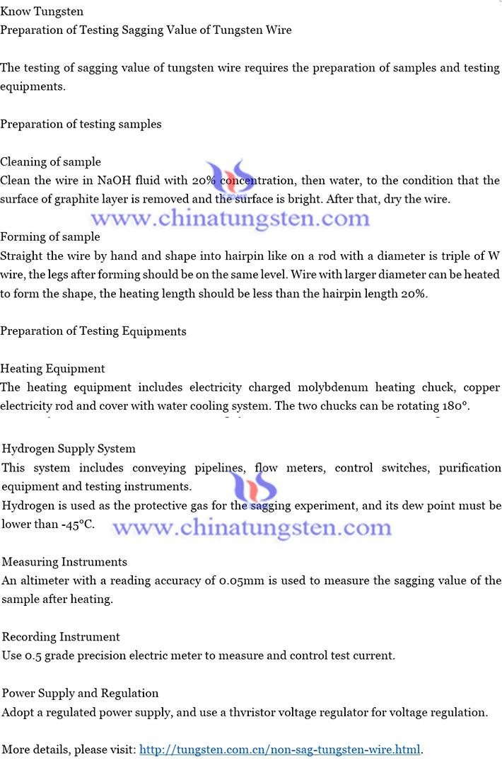 tungsten wire sagging value testing preparation text image