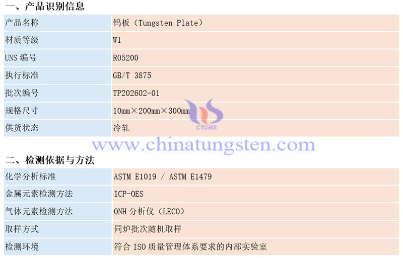 中钨智造钨板的化学成分检测报告（示例）图片
